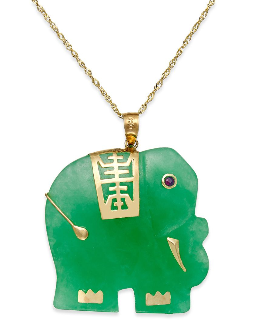 Macy's Dyed Jade Elephant Pendant Necklace In 14k Gold (25mm) in Green